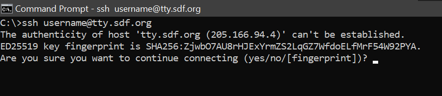 An example prompt for intial trust of an SSH server's authenticity